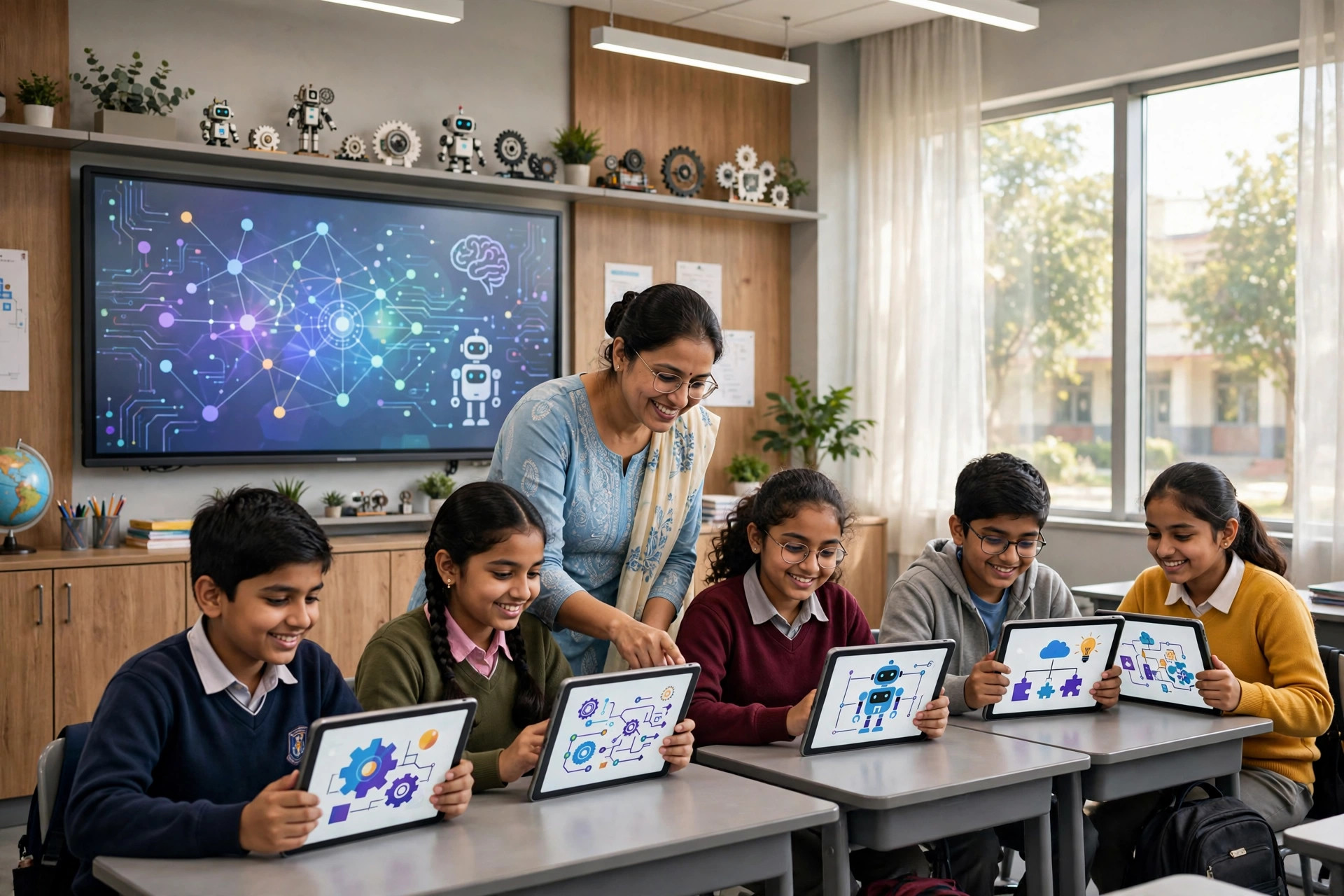 Indian students learning with tablets in a smart classroom