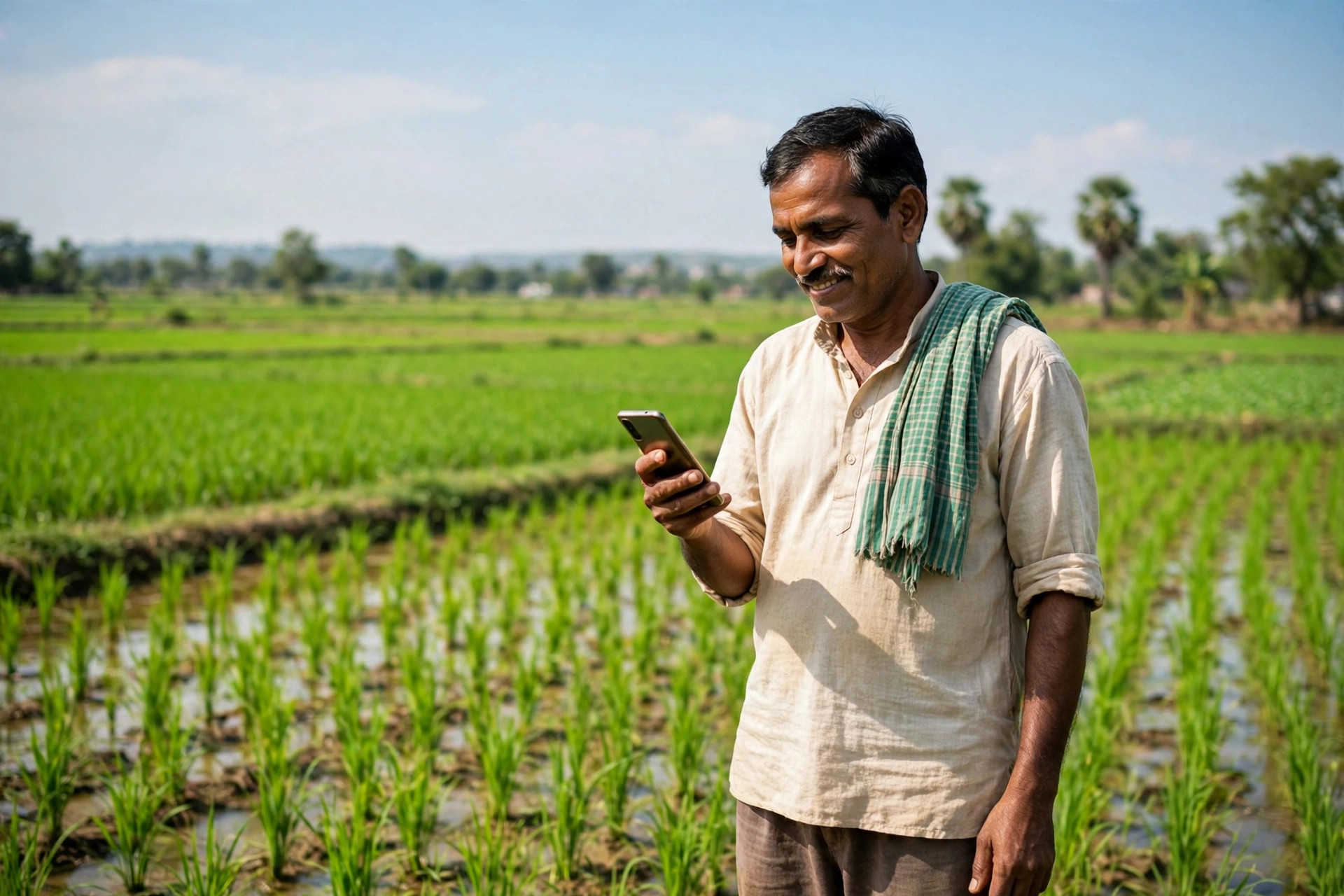 Indian farmer using a smartphone in a green field
