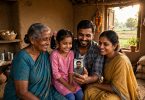 Rural Indian family using digital payment on a smartphone