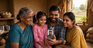 Rural Indian family using digital payment on a smartphone