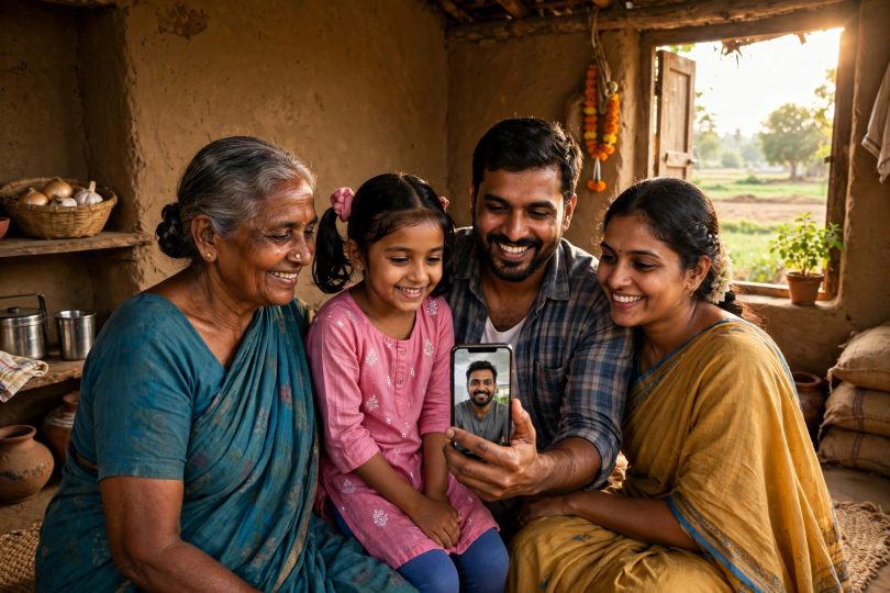Rural Indian family using digital payment on a smartphone