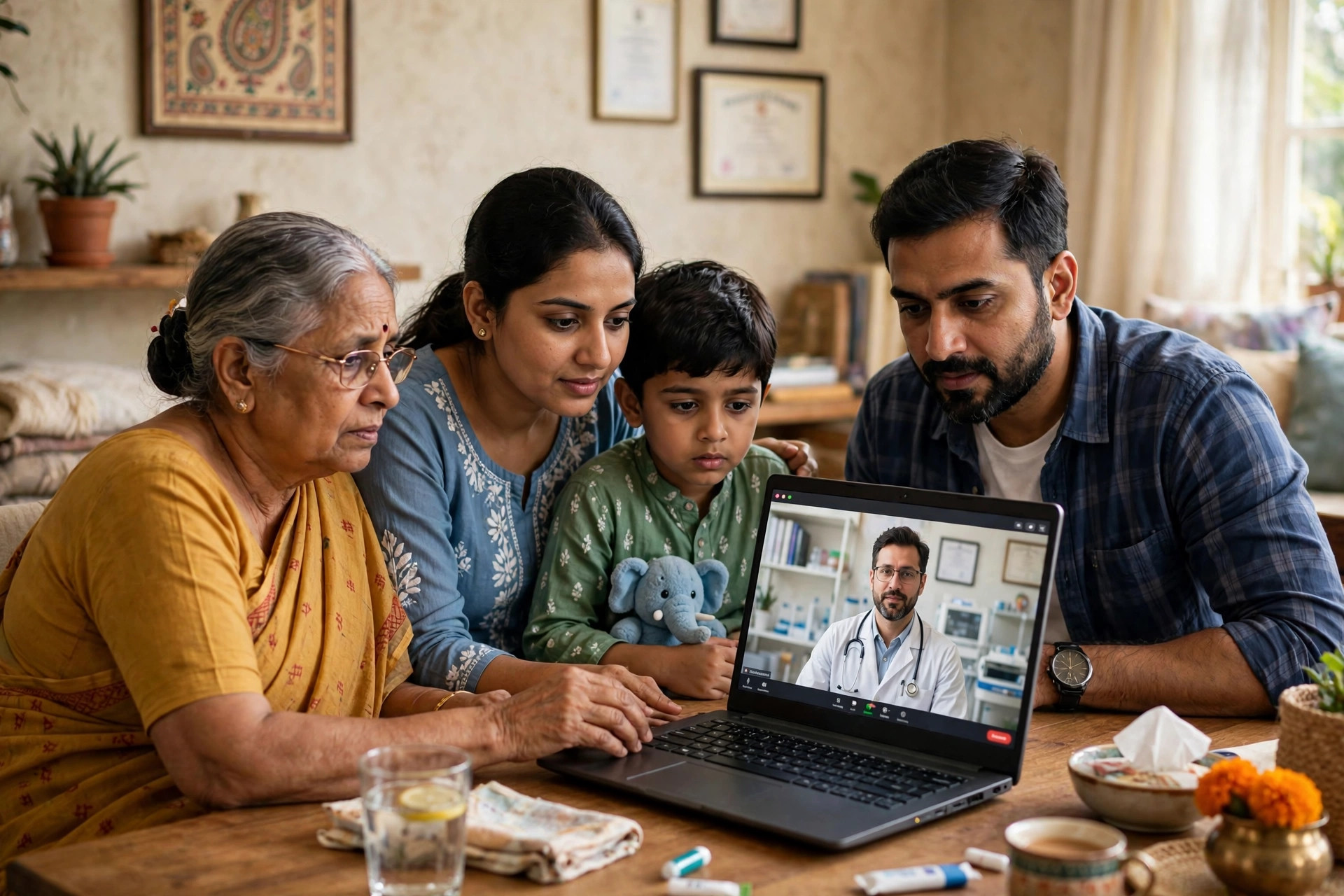 Indian family on a telemedicine video call with a doctor
