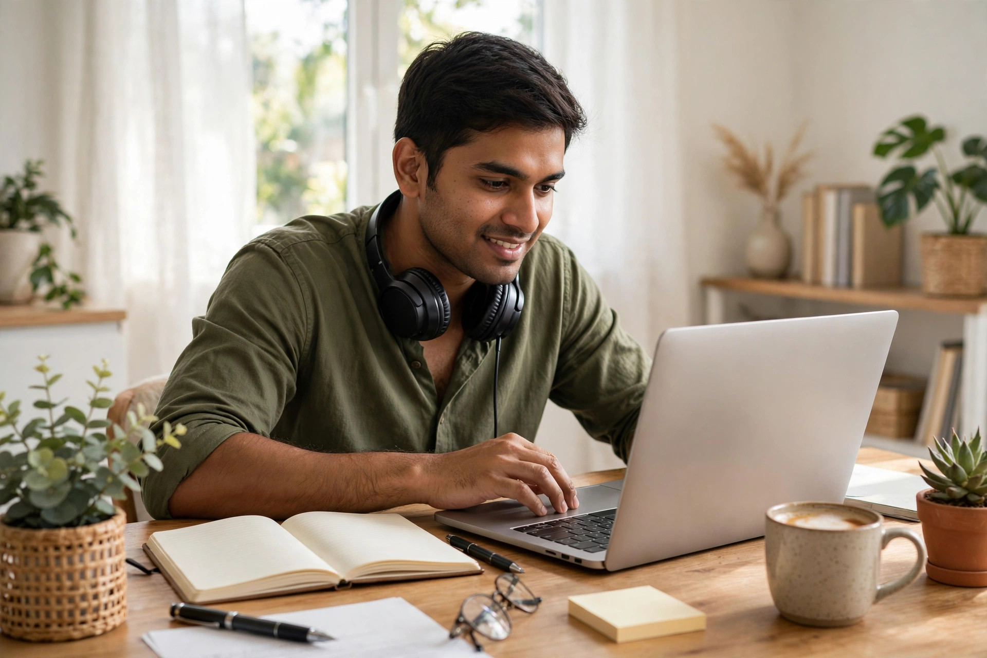 Young Indian freelancer working on a laptop at home