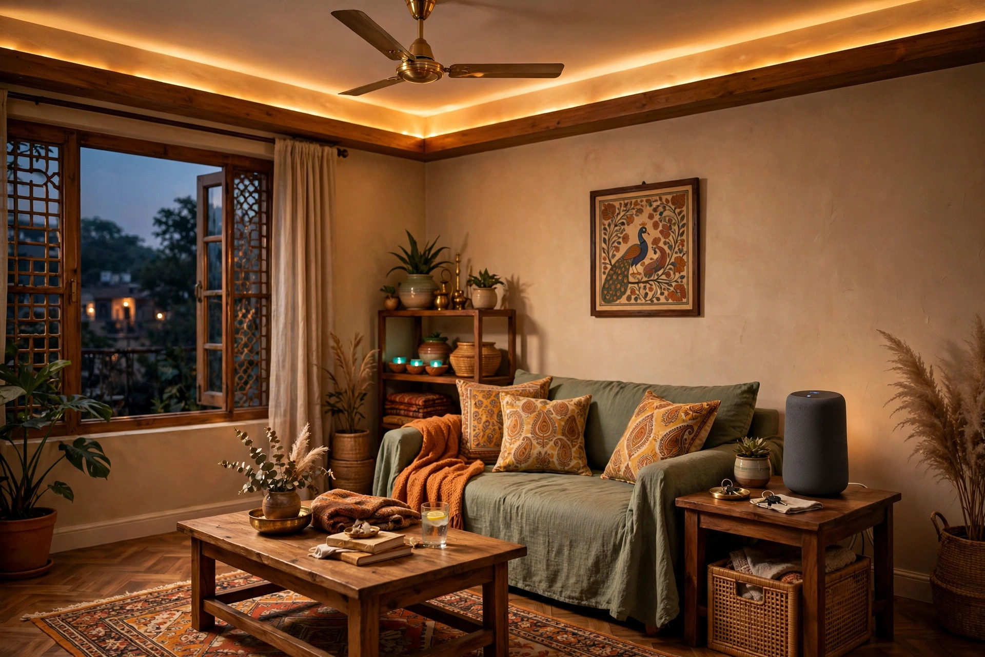 Living room with smart LED lighting and a smart speaker