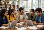 Indian students learning together in a library