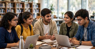 Indian students learning together in a library