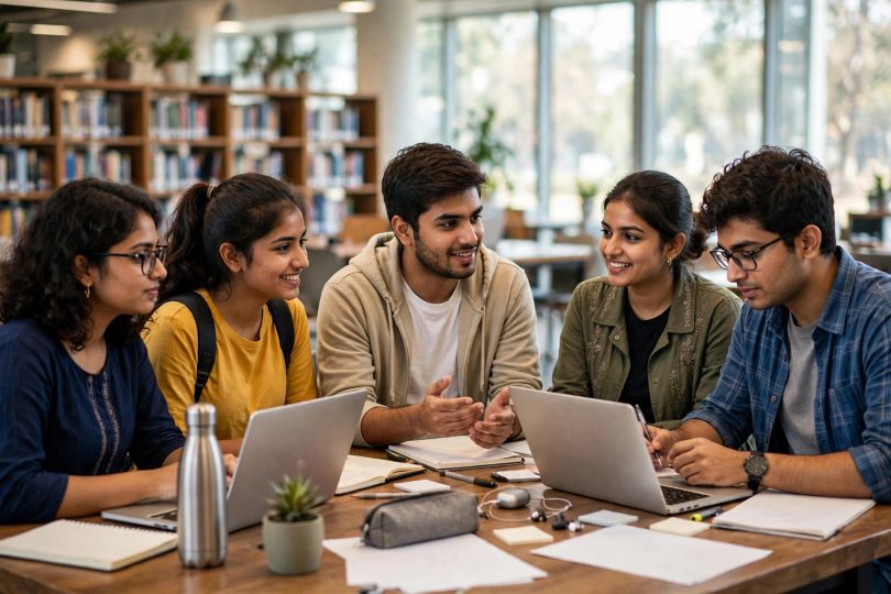 Indian students learning together in a library