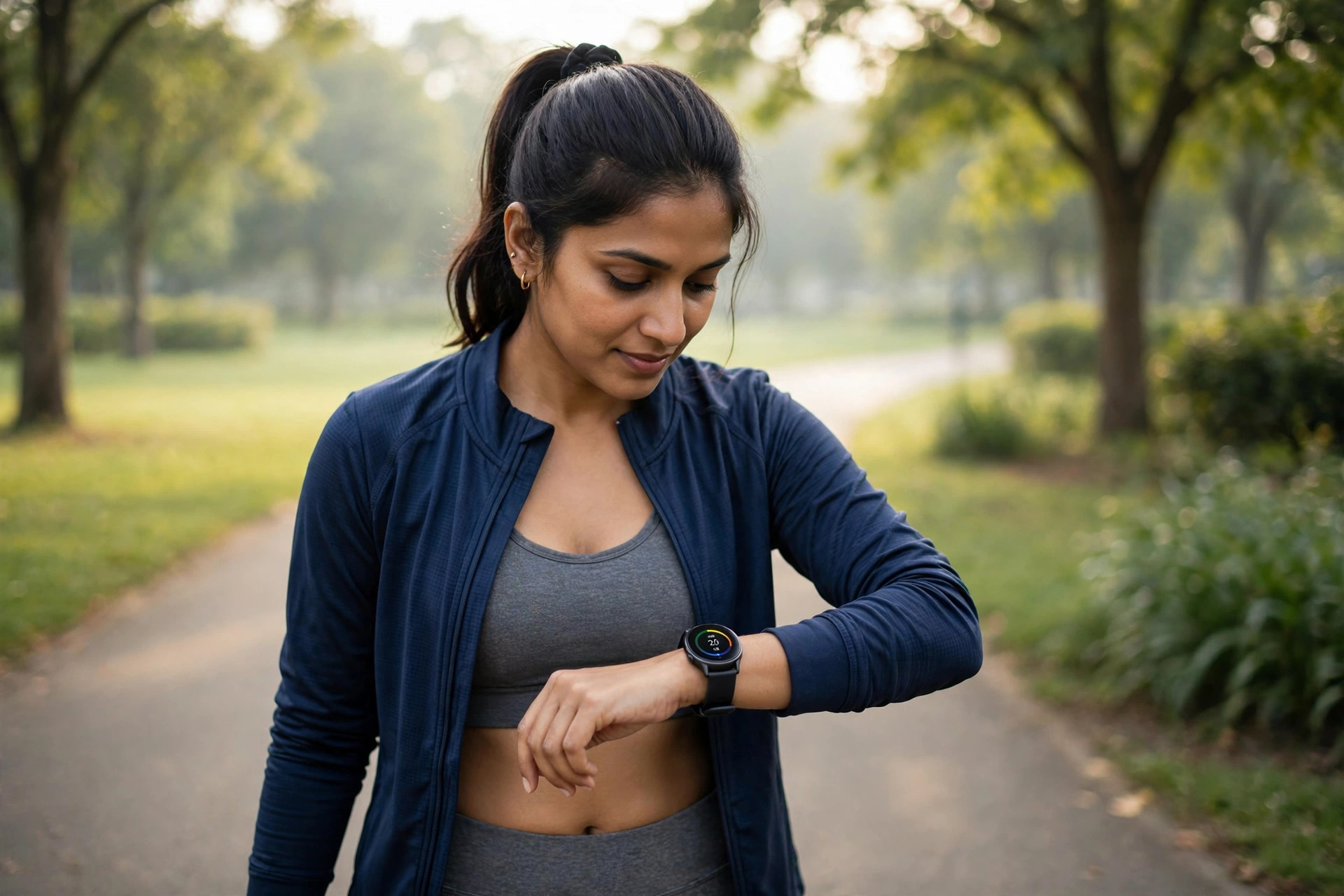 Woman tracking steps with a fitness app on a morning walk