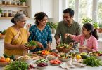 Indian family cooking a healthy meal together