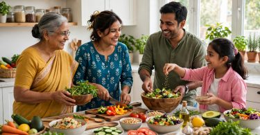 Indian family cooking a healthy meal together