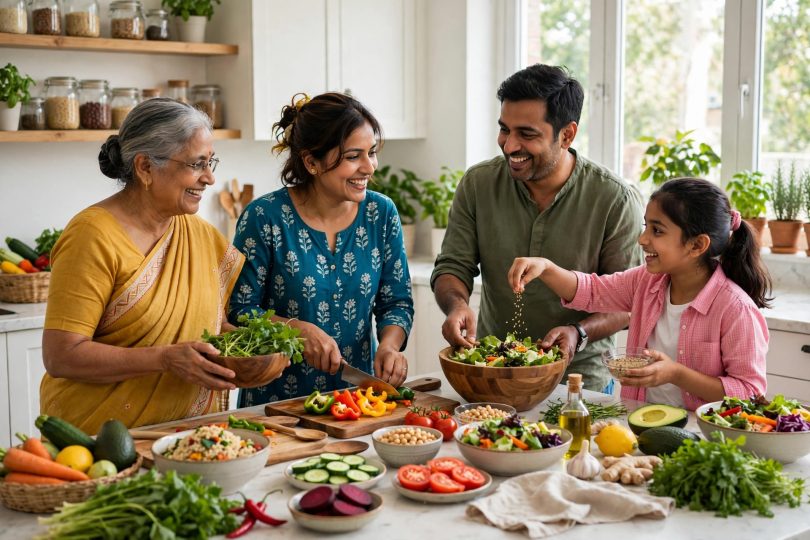 Indian family cooking a healthy meal together