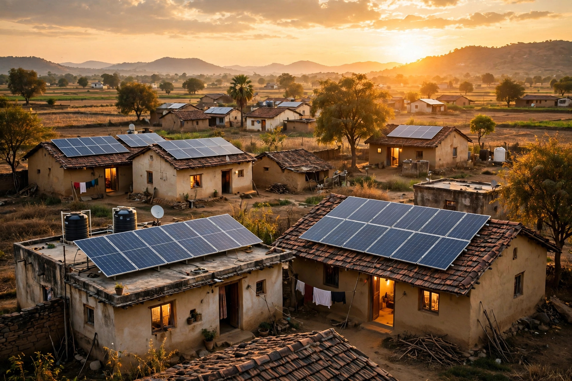 Solar panels on village rooftops in India