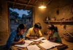 Children studying under a solar lamp at home