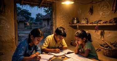 Children studying under a solar lamp at home