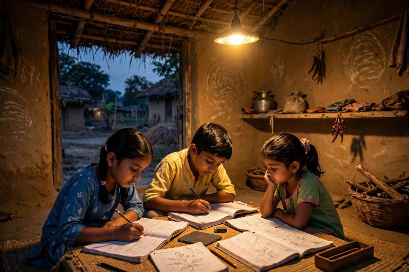 Children studying under a solar lamp at home