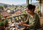 Young woman working on a laptop from her balcony