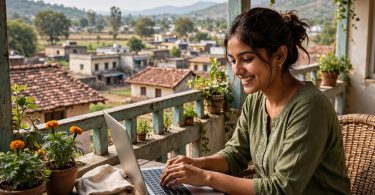 Young woman working on a laptop from her balcony