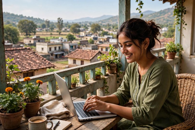 Young woman working on a laptop from her balcony