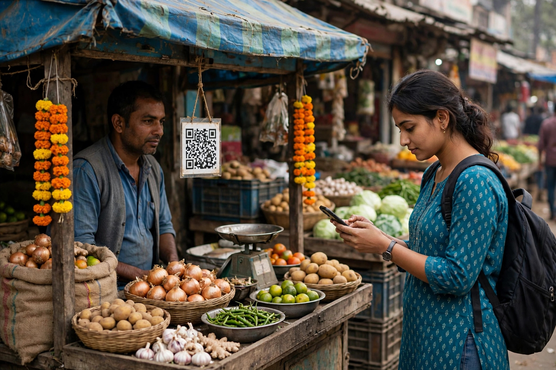 Customer paying by QR code at an Indian market stall